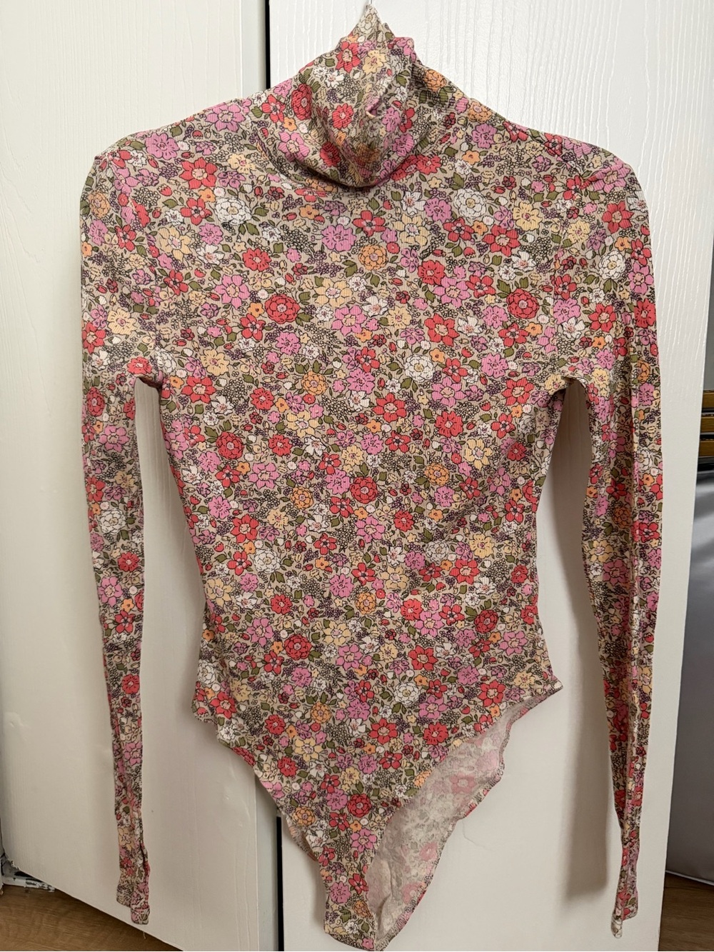 H&M Floral Turtleneck Long Sleeve Bodysuit - Pink, Red, Cream